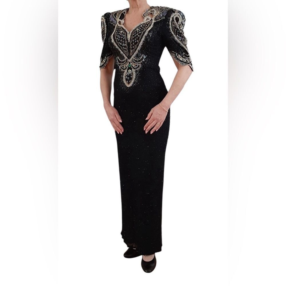 ALYCE DESIGN Vintage Silk Beaded Gown Gold Black Size 6 Maxi Sequined Formal